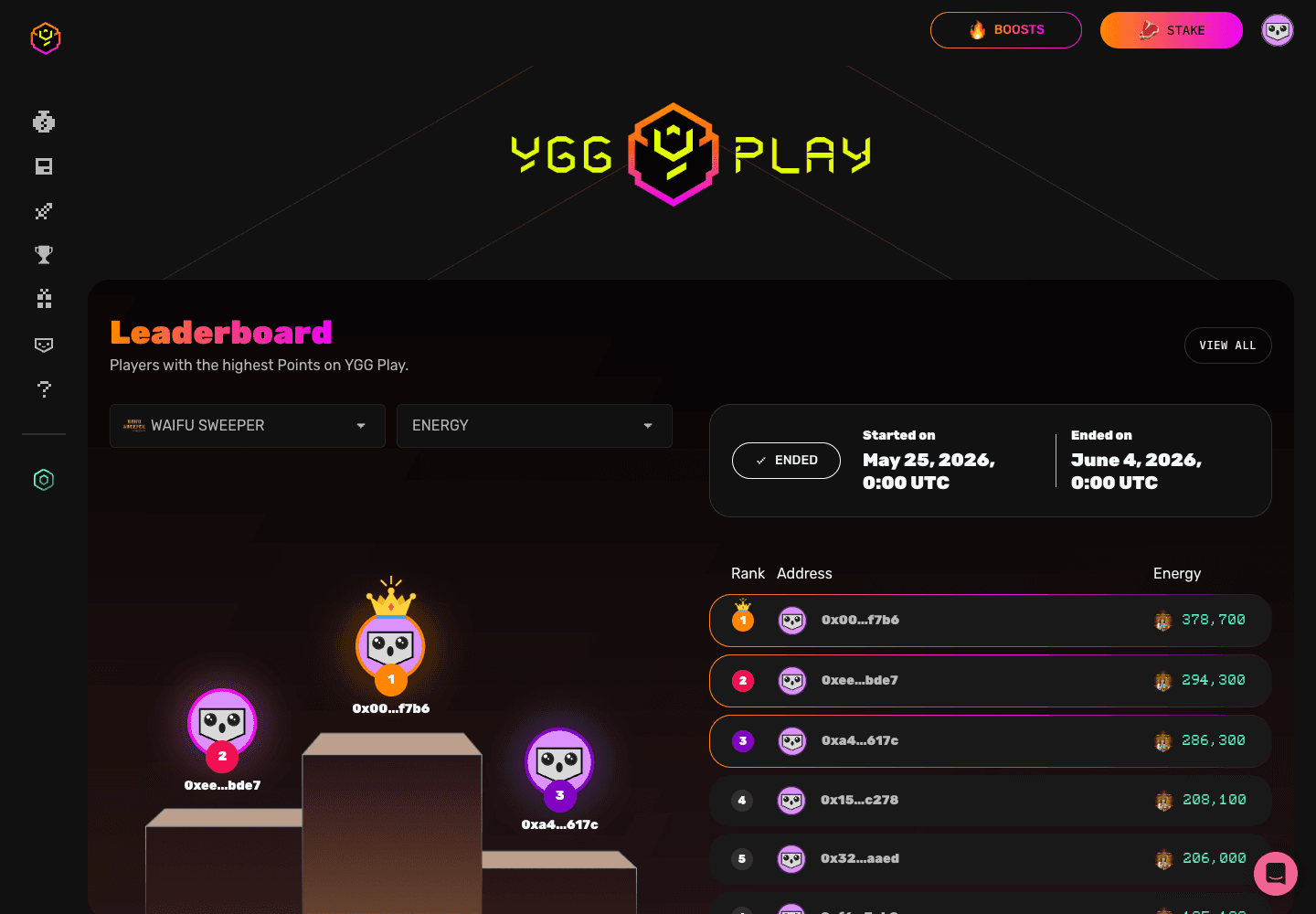 YGG Play leaderboard view